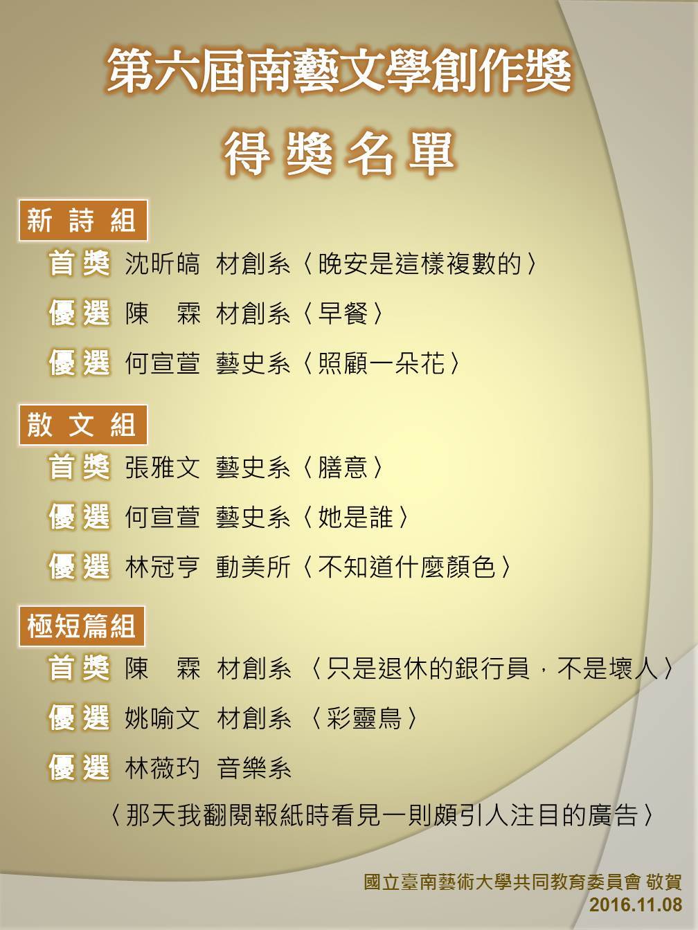 第六屆南藝文學創作獎得獎名單(說明如下)